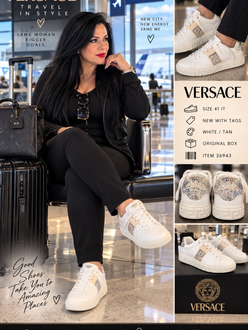 Versace White and Tan Women’s Low-Top Leather Sneakers